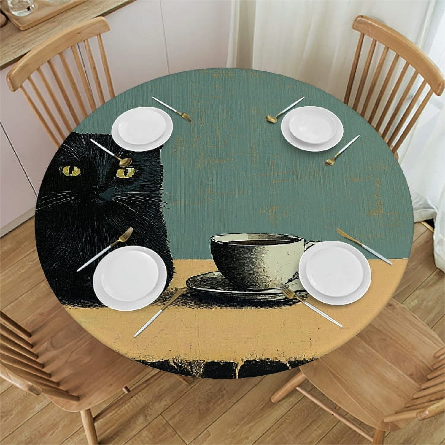 Autua Black Cat Coffee Round Tablecloth Stain-Resistant Washable 100% ...