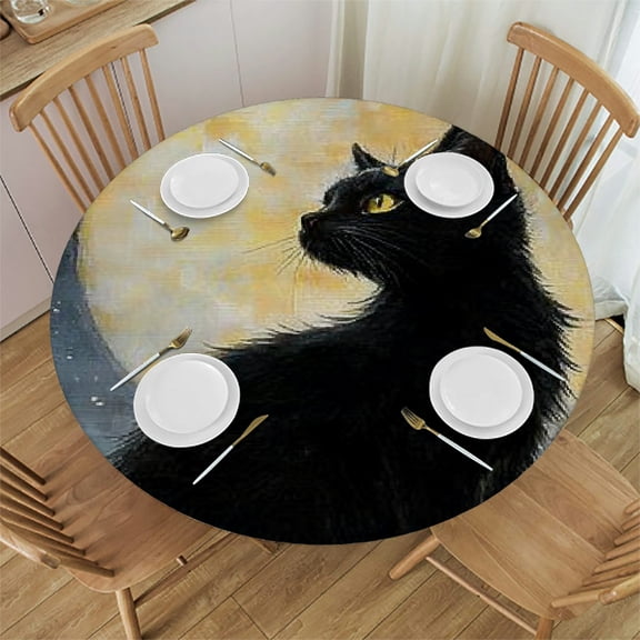 Autua Black Cat Full Moon Round Tablecloth Stain-Resistant Washable 31"-35