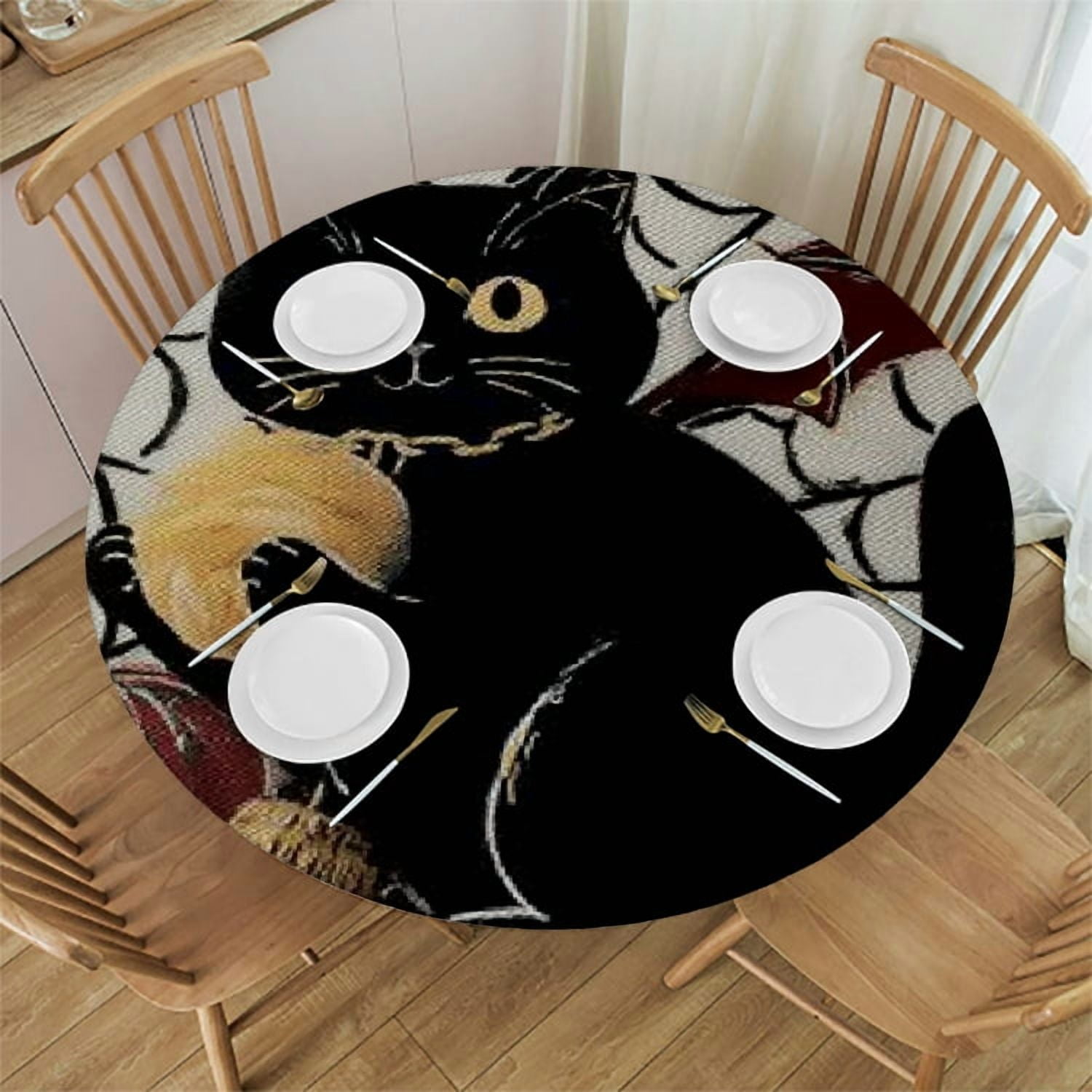 Autua Black Cat Spider Web Fruit Round Tablecloth Stain Resistant 100% Autua Black Cat Spider Web Fruit Round Tablecloth Stain Resistant 100%