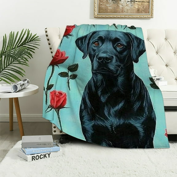 Autua Black Labrador with Red Rose Blanket Gifts for Kids Adult Girls,Puppy Lab Dog Flannel Throw Blankets,Soft Comfy Lightweight for Modern Home Couch Bed Sofa Decor,Pet Lovers  40x50in