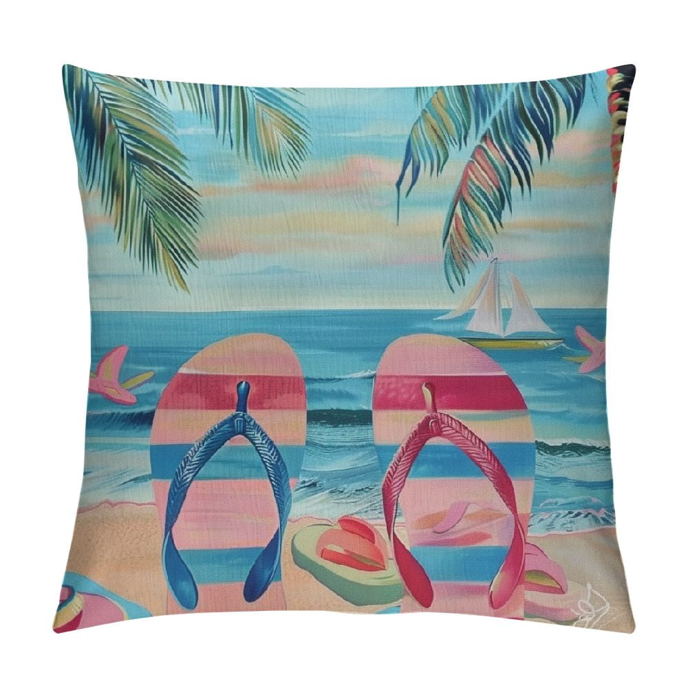 Autua Blue Beach Pink Flip Flops Pillow Covers Summer Tropical Palm Trees Ocean Sea Shell