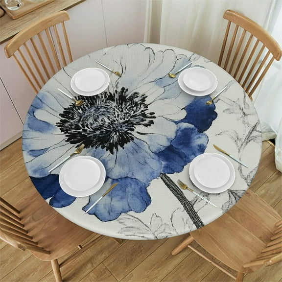 Autua Blue White Flower Round Tablecloth Stain-Resistant Washable 100% Polyester 31"-35