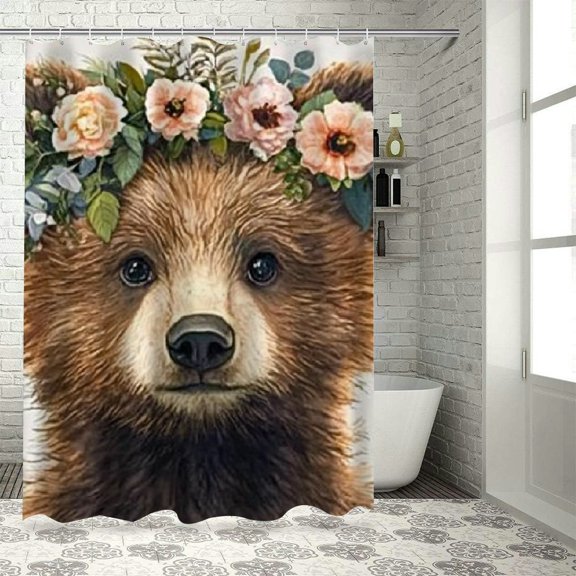 Autua Brown Bear Flower Crown Furry Chic Bathroom Shower Curtain 36"x72