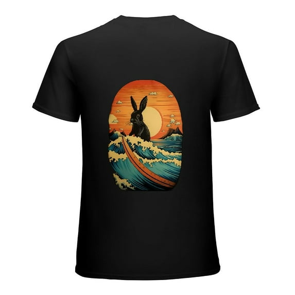Autua Bunny Wave Surfboard Graphic T-Shirt Humorous Funny Novelty Short Sleeve T-Shirt for Men Black