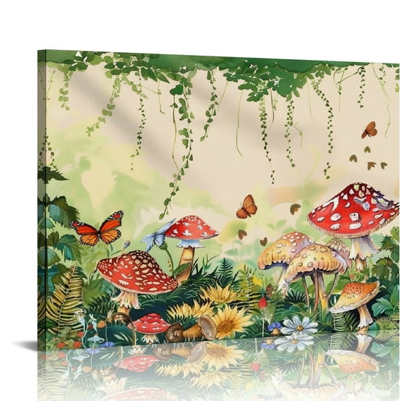 Autua Butterfly And Mushroom Flowers Canvas Wall Art Decor 20x16in