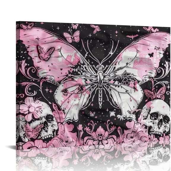 Autua Butterfly Skulls Pink Accents Canvas Wall Art Decor for Home 20x16in