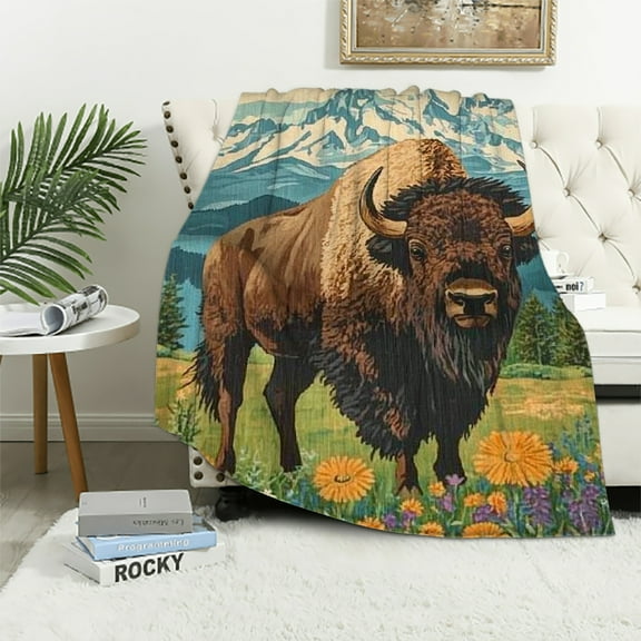 Autua Cartoon Bison Blanket - Soft & Cozy Warm Flannel Throw - Plush Lightweight Blankets for Travel, Sofa, Bedroom, Office - Gifts for Adults Women Kids - for All Seasons 60x80in