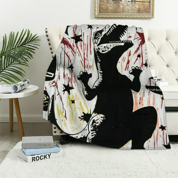 Autua Cartoon Dinosaur Throw Blanket Rock Music Theme Sherpa Blanket for Kids Teen Adults Bed,Black Guitar Hip Hop Fleece Blanket Stars Musical Note Plush Bed Blanket 50x60in
