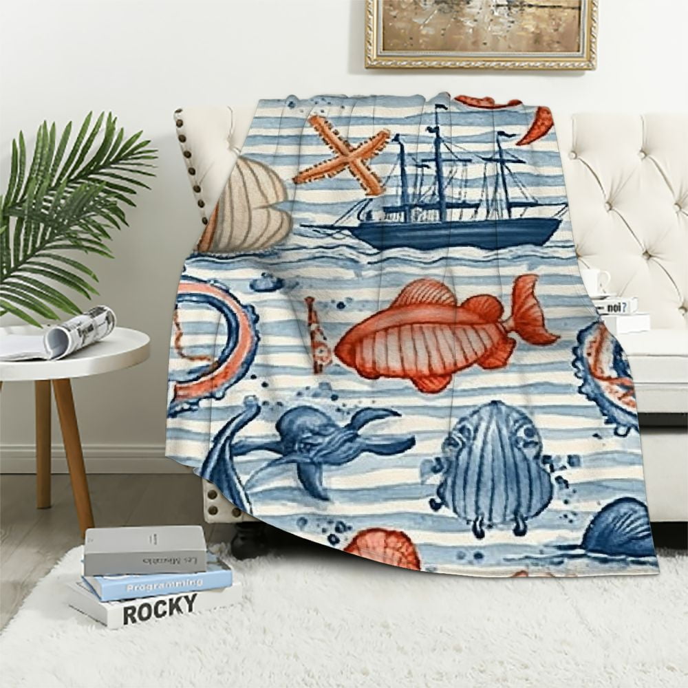 Autua Cartoon Marine Animals Kids Throw Blanket,Whale Shell Starfish