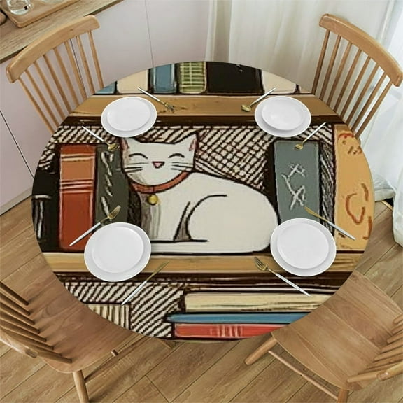 Autua Cat Book Shelf Round Tablecloth Stain-Resistant 100% Polyester 31"-35
