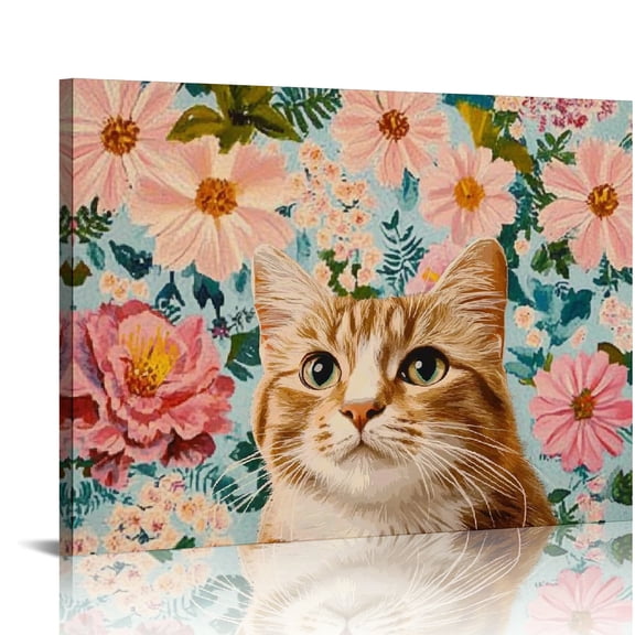 Autua Cat Flowers Art Modern Canvas Prints Wall Decor for Home 20x16in