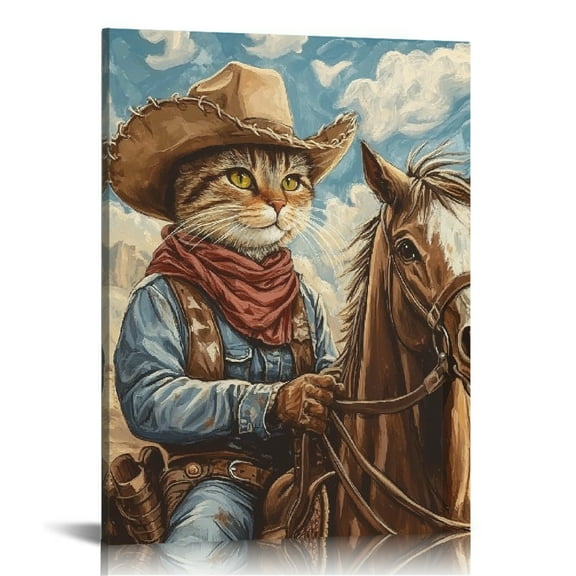 Autua Cat Horse Cowboy Wall Decor Canvas Art for Home Office 12x16 in