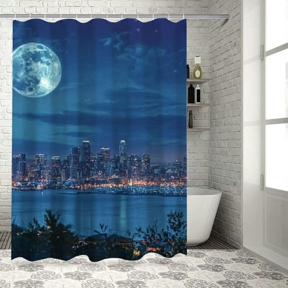 Autua City Skyline Body of Water Full Moon Bathroom Shower Curtain Set with Hooks, Modern Chic Graphic Print Polyester Decor, 100% Waterproof Fabric, Easy Install, Machine Washable 36"x72