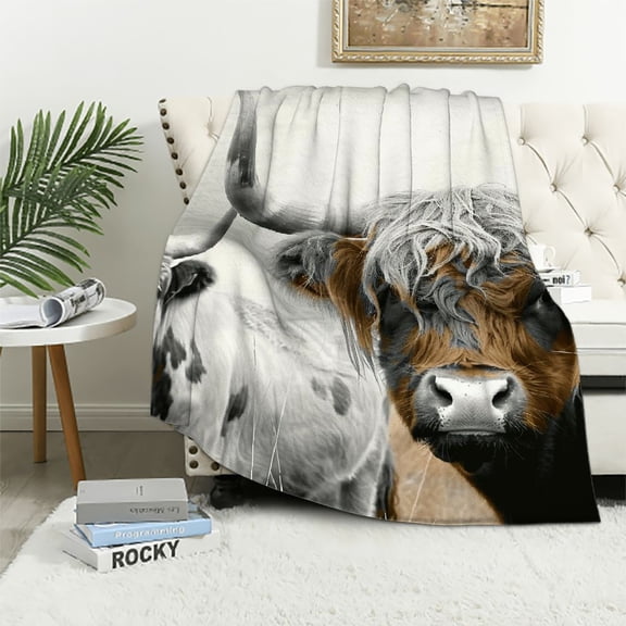 Autua Cows Horns Field Warm Lightweight Blanket Soft Fleece Throw Blanket Living Rooms Sofa Decor All Seasons Flannel Material Blanket Gifts 40x50in