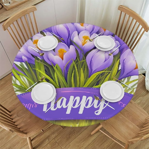 Autua Crocuses Purple Ribbon Happy Easter Round Tablecloth Waterproof 31"-35
