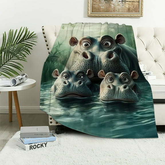 Autua Cute Cartoon Hippo Flannel Throw Blanket, Soft Cozy Lightweight Animal Blankets Ideal for Couch, Bed, Travel, Outdoor & Home Decor, Warm Fuzzy Blanket for Adults Kids Boys Girls 40x50in