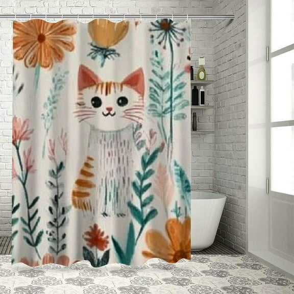 Autua Cute Cat Bathroom Décor Set with Hooks, Graphic Print Polyester Stylish Shower Curtain, 100% Polyester Washable Shower Curtain for Bathroom Decoration, Mother's Day Gift 36"x72