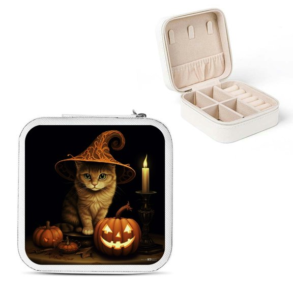 Autua Cute Cat Christmas Gifts Jewelry Box Travel Case Organizer with Necklace, Ring, Earring Storage Slots White