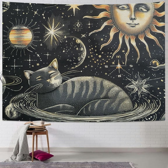 Autua Cute Cat Planets Sun and Moon Tapestry Wall Hanging Unique Style Graphic Tapestries Home Decor Art for Living Room Bedroom Farmhouse Dorm 40x30inch