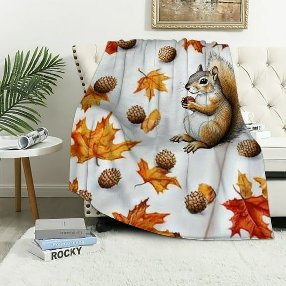 Autua  Cute Squirrel Sherpa Blanket ,Cartoon Animal Kids Throw Blanket Woodland Wildlife Fleece Blanket for Boys Girls Bed,Autumn Maple Leaf Flannel Blanket 40x50in