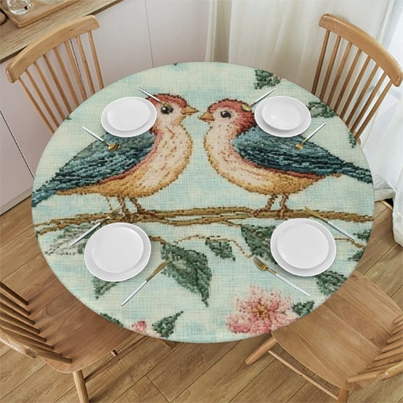 Autua Decorative Birds Cross Stitch Round Tablecloth Waterproof 100% Polyester 42"-46