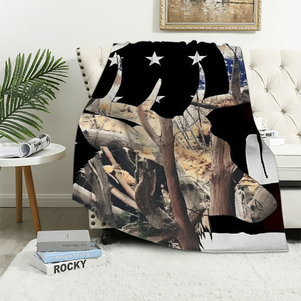 Autua Deer American Flag Stars Warm Lightweight Soft Fleece Blanket All