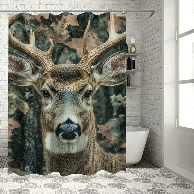Autua Deer Antlers Camouflage Bathroom Shower Curtain Set with Hooks