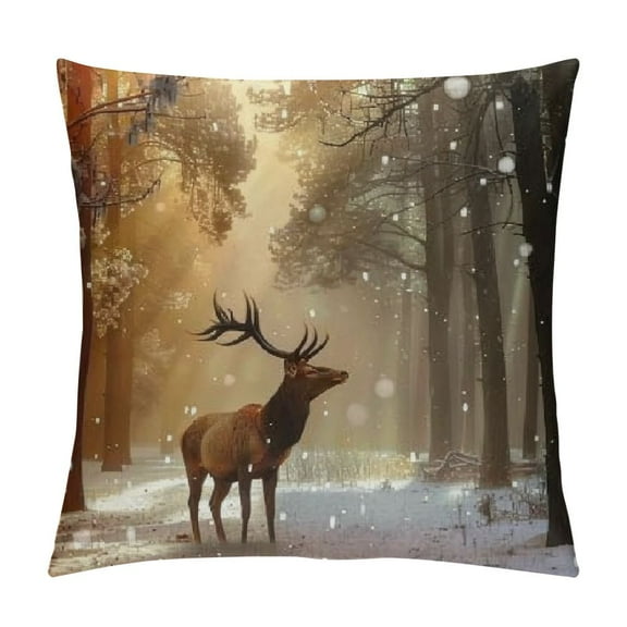 Autua Deer Snow Forest Graphic Decorative Pillow Cover for Home Sofa, Winter Theme Couch Cushion Case, 1PC 12x12in
