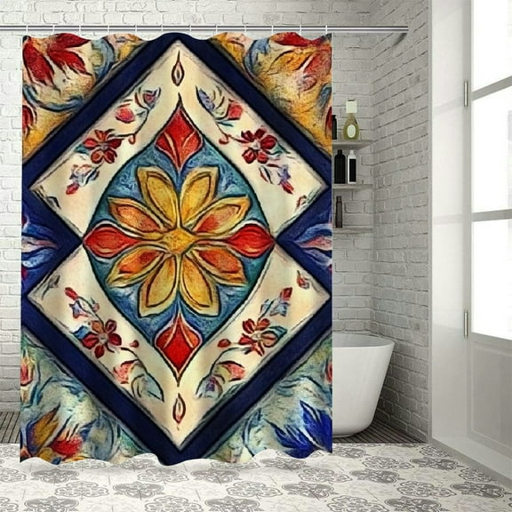 Autua Diamond Pattern Bathroom Decoration Set with Hook, Graphic Print Stylish Shower Curtain Set, Washable Shower Curtain, Guard, Easy to Install, Machine Washable