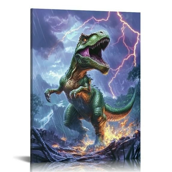 Autua Dinosaur Lightning Bolt Sky Wall Decor Canvas Art Print for Living Room Bedroom Home Office, High Resolution Image, Handmade, Waterproof, Tear Resistant, Perfect Gift, Easy to Frame 12x16 in