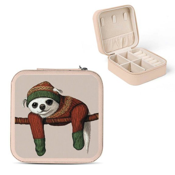 Autua Dog in Sweater Travel Jewelry Case Organizer with Necklace Hooks and Zipper, Compact Size Jewelry Storage Box for Rings, Earrings, Bridesmaid Gifts, 3.8×3.8×2 Inches Pink