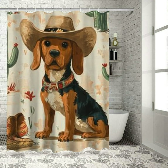 Autua Dog in Cowboy Hat and Cactus Bathroom Shower Curtain Set with Hooks 100% Polyester Fiber 36"x72