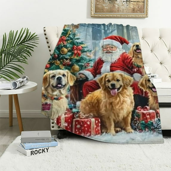 Autua Dogs Christmas Tree Santa Clause Warm Lightweight Fleece Blanket 60x80in