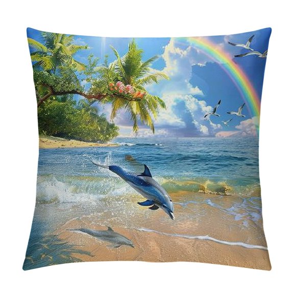 Autua Dolphin Rainbow Graphic Decorative Throw Pillow Cover Short Plush Summer Square 1PC 22x22in