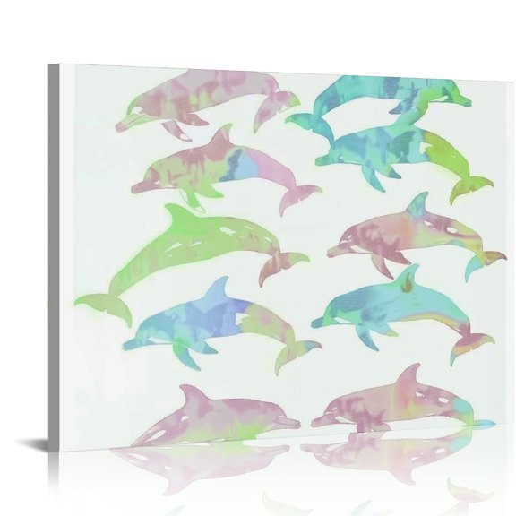 Autua Dolphins Colors White Background Canvas Wall Art Decor 16x12in