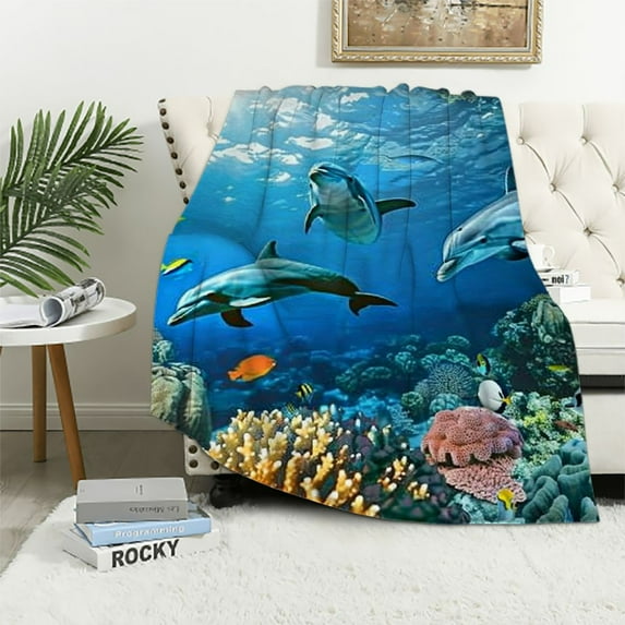 Autua Dolphins Marine Life Warm Lightweight Flannel Blanket Soft Fleece Blankets for All Seasons - Perfect for Living Rooms, Sofa Decor, and Gifts 40x50in