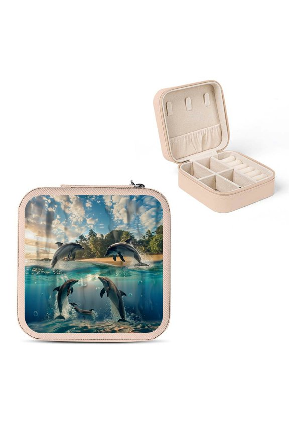 Dolphins Ocean Beach Jewelry Box for Necklaces, Rings, Earrings - Travel Size Organizer with Necklace Hooks and Compartments Pink