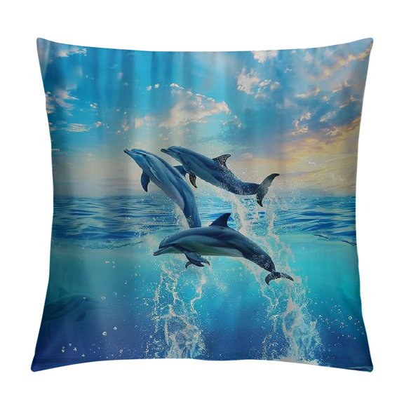 Autua Dolphins Ocean Sky Graphic Decorative Throw Pillow Cover Summer Style Zipper Closure 1PC 12x12in