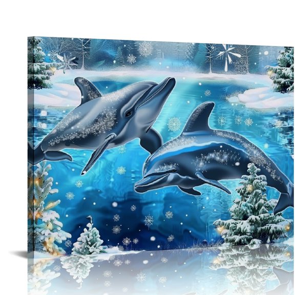 Autua Dolphins Snow Covered Trees Pine Trees Canvas Art Prints 20x16in