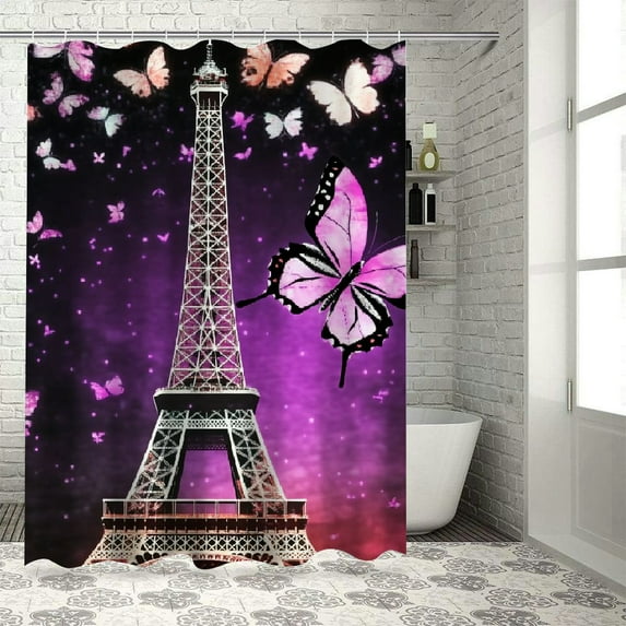 Autua Eiffel Tower Butterflies Bathroom Décor Set Graphic Print Polyester Stylish Shower Curtain with Hooks 100% Polyester Fiber Chic Modern Decor Washable Shower Curtain 36"x72