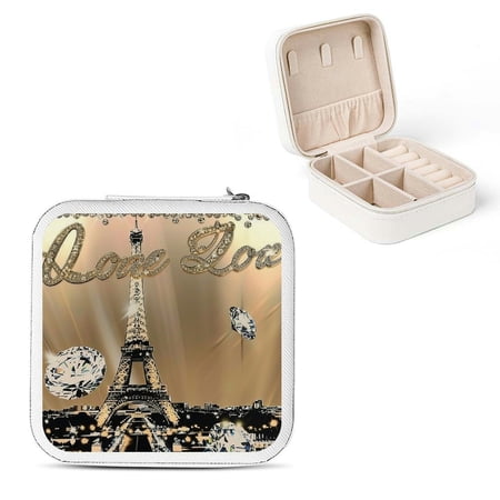 Autua Eiffel Tower Diamonds Paris PU Leather Jewelry Box for Necklace, Ring, Earring - Compact Size Travel Case with Multiple Storage Spaces White