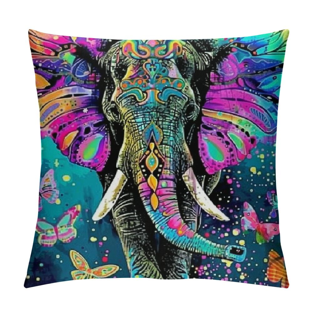 Autua Elephant Butterfly Colorful Graphic Decorative Cushion Throw