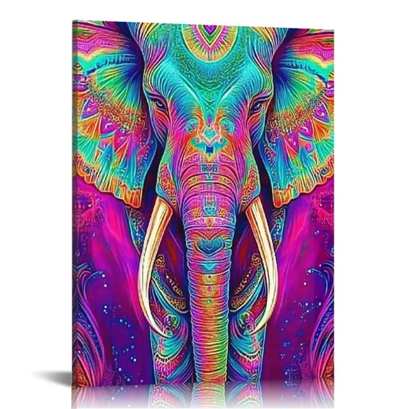 Autua Elephant Colorful Pattern Psychedelic Canvas Wall Art Decor 12x16 in