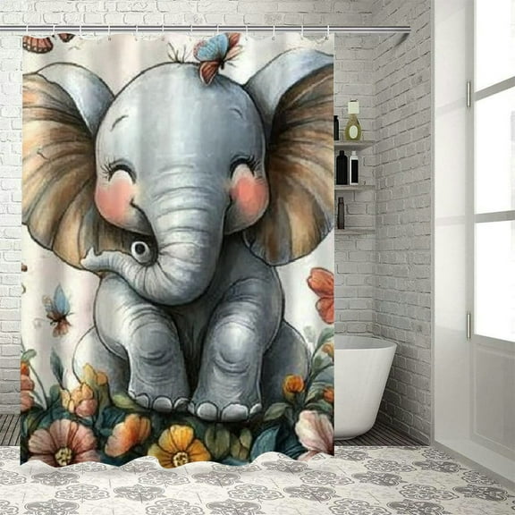 Autua Elephant Flowers Butterflies Home Bathroom Shower Curtain Decoration with Hooks 36"x72