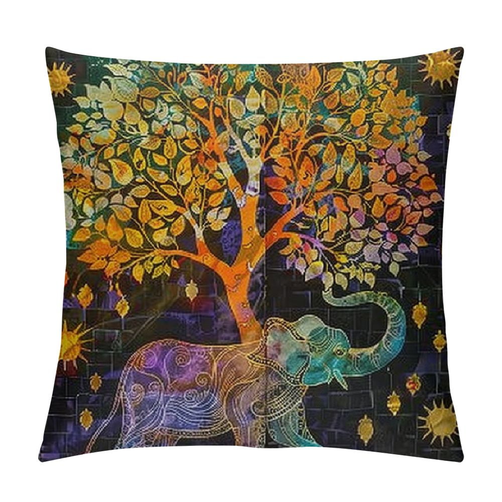 Autua Elephant Tree Sun Graphic Decorative Cushion Throw Pillow Cover
