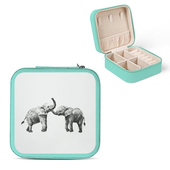 Autua Elephants Playing Travel Jewelry Case Holder with Necklace Hooks and Zipper Storage, Compact Size for Rings Earrings, Valentine's Day Gift Green