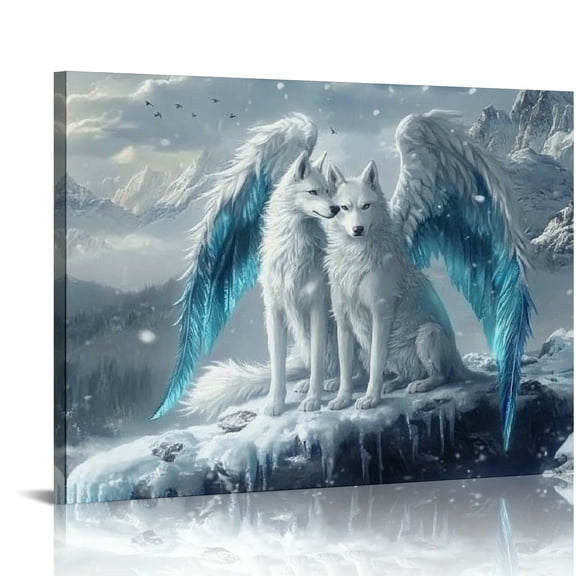 Autua Fantasy Wolf and Dragon Canvas Wall Art Snow Wolf Winter Wall Decor Unframed Ice Blue Dragon Decor for Men Boys Girls Modern Aesthetic Prints for Bedroom Living Room Office Hotel 20x16in