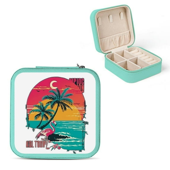 Autua Flamingo Palm Trees Sunset Travel Jewelry Case Organizer with Necklace Hooks, Compact Jewelry Storage Box for Rings and Earrings, Portable Jewelry Holder Green