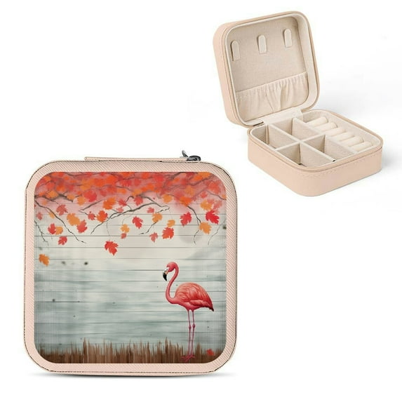 Autua Flamingo Theme Jewelry Box for Necklace, Ring, Earring - Compact Travel Size Organizer with Multiple Storage Spaces and Zipper Closure Pink