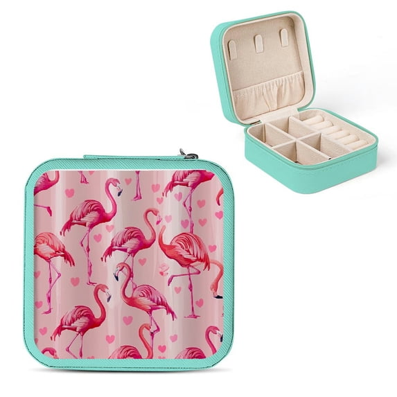 Autua Flamingos Hearts Kitsch PU Leather Jewelry Box for Necklace Ring Earring Storage Travel Case with Zipper Green